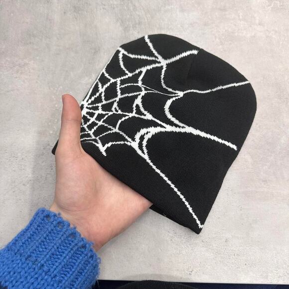 White and Black Spider Web Acrylic Graphic Beanie Hat - Picture 2 of 3